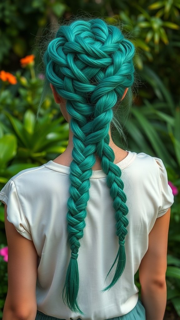 A woman with emerald green knotless braids styled in a unique pattern, showcasing the vibrant color against a lush green background.