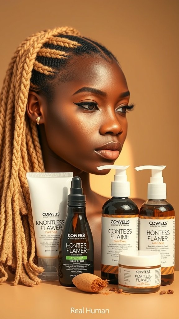 A model with blonde knotless box braids, surrounded by hair care products.