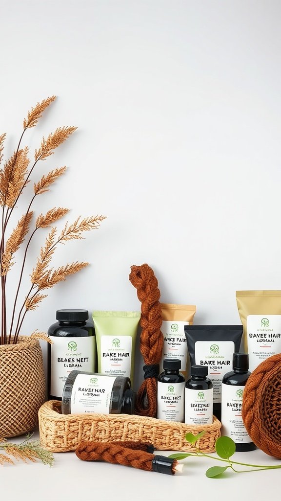 A collection of eco-friendly hair products for braiding, displayed with decorative elements.