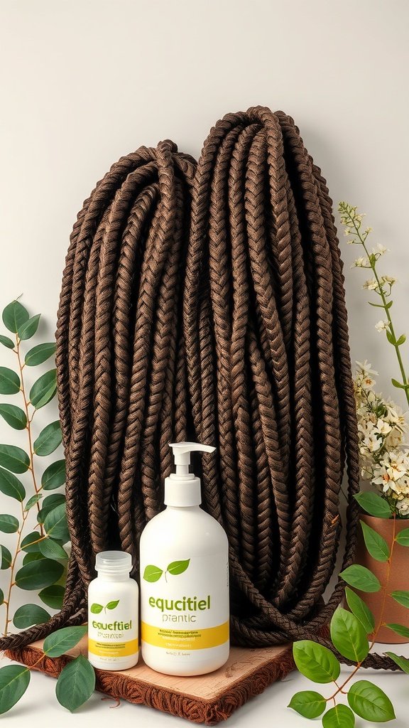 Image of large knotless braids with hair care products and greenery