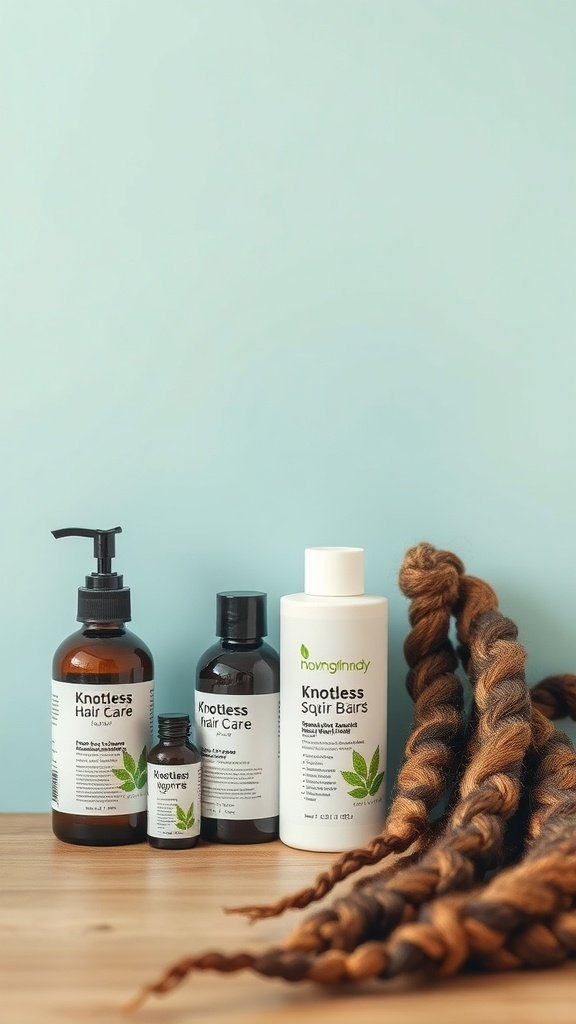 A collection of knotless hair care products displayed with braided hair.