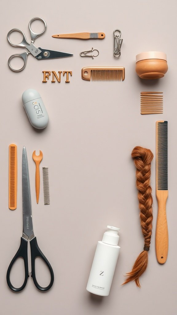 A collection of essential tools for braiding, including scissors, combs, hair products, and clips.