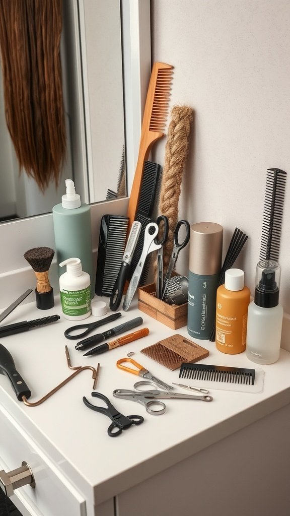 A variety of hair styling tools and products arranged on a vanity, including combs, scissors, and hair care products.