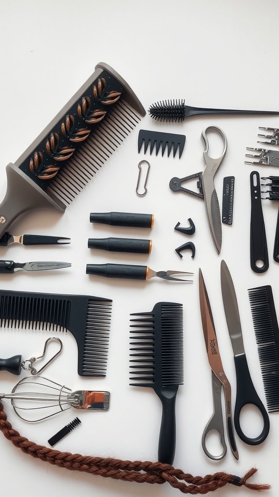 A variety of hair braiding tools including combs, scissors, and clips arranged neatly.