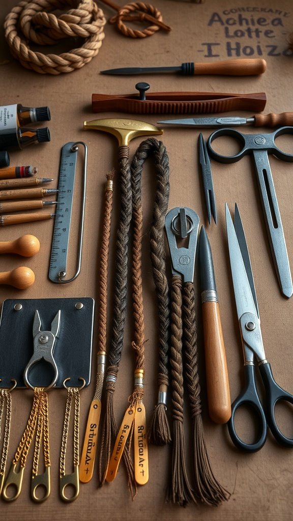 An array of braiding tools including scissors, combs, and hair ties on a wooden surface.