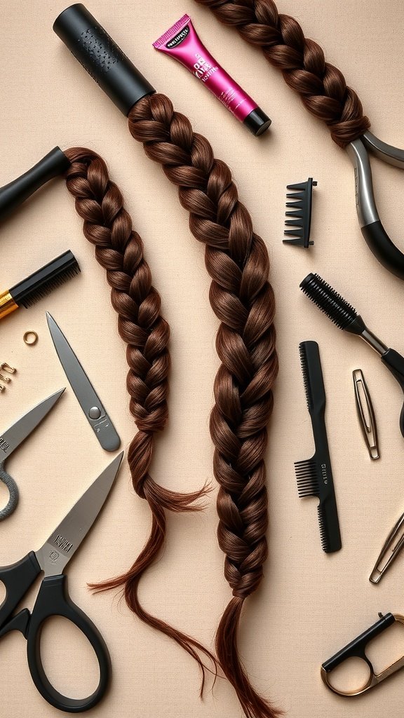 Essential tools for braiding including scissors, combs, and styling products arranged around braided hair.
