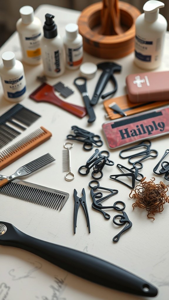 A collection of hair braiding tools including combs, clips, and hair products on a table.