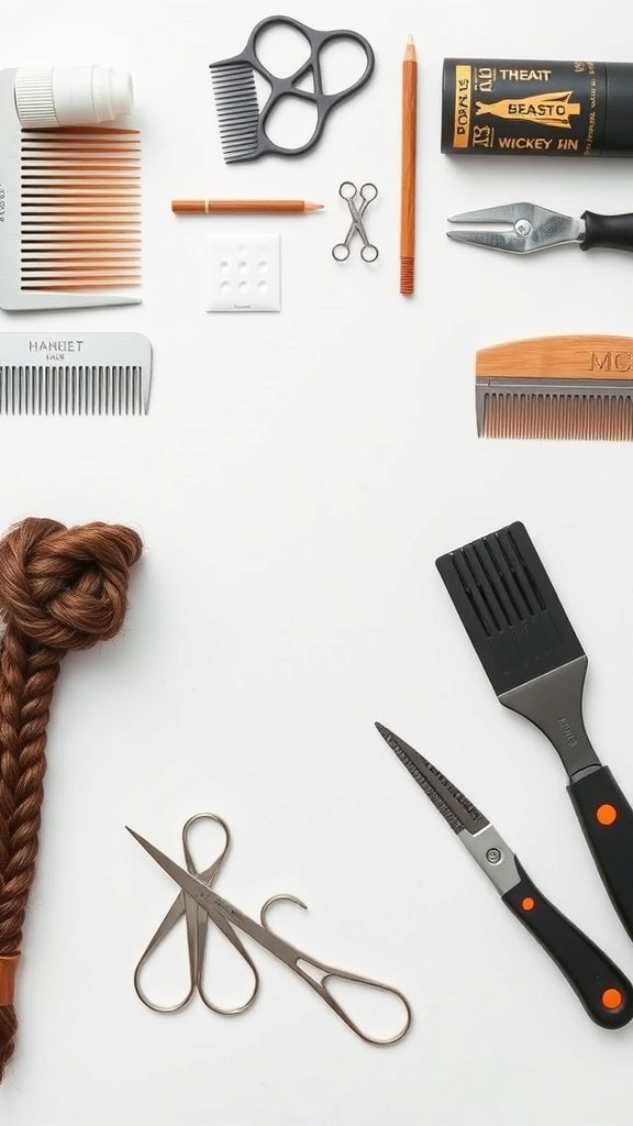 An assortment of hair styling tools for creating boho knotless braids, including combs, scissors, hair products, and a braid.