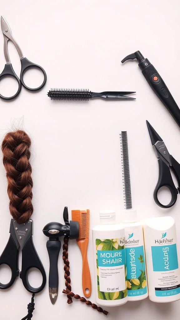 A collection of essential tools for creating knotless boho braids, including scissors, combs, hair products, and a heat tool.
