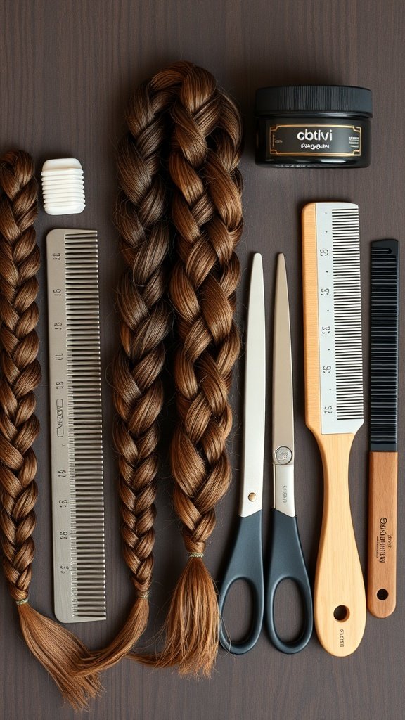 Essential tools for creating knotless braids including combs, scissors, and styling cream.