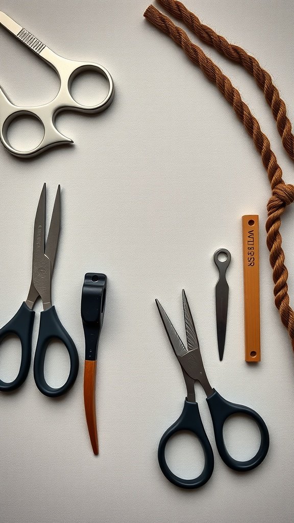 Essential tools for creating honey brown knotless braids including scissors, a crochet hook, and hair sections.