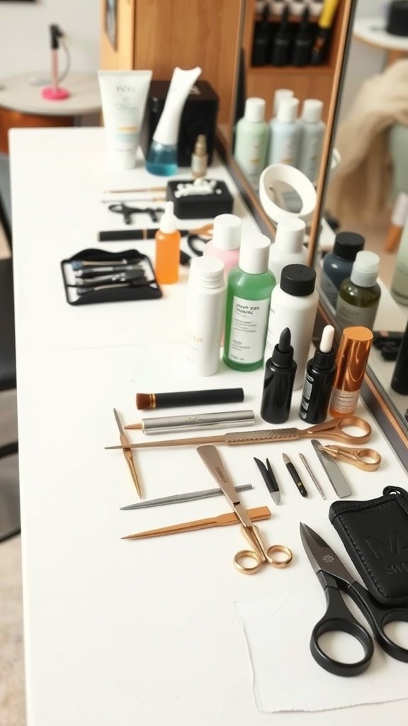 A variety of hair styling tools and products arranged on a table, including scissors, combs, and bottles of hair care products.