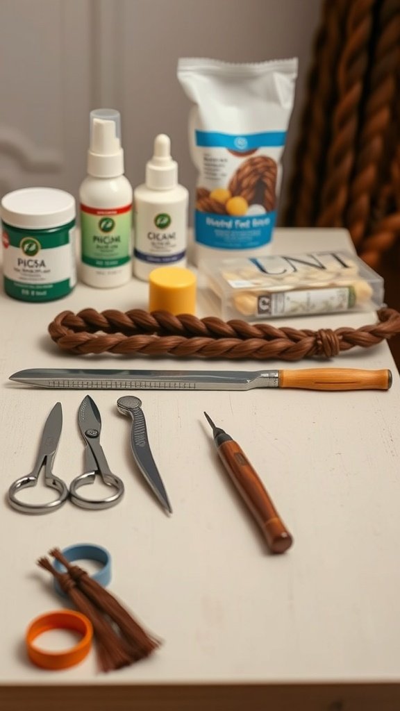 Essential tools for creating knotless twist braids including hair products, scissors, and hair ties.
