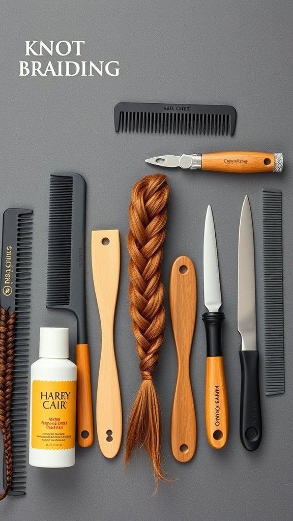 A collection of tools for knot braiding including combs, a hair product, and a braided piece of hair.