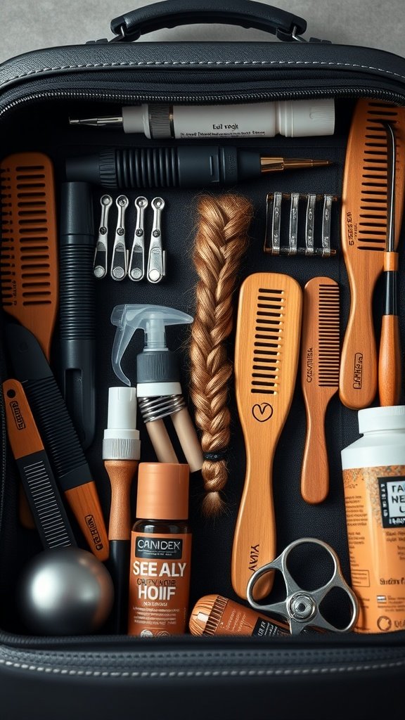 A neatly organized kit containing various hair tools and products for braiding, including combs, clips, and hair care items.