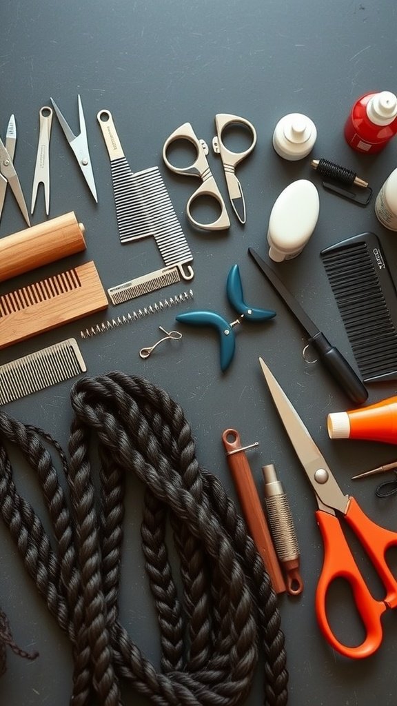 A collection of tools for knotless braiding including scissors, combs, and hair products.