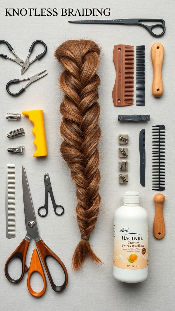 Essential tools for knotless braiding including combs, scissors, and hair products.