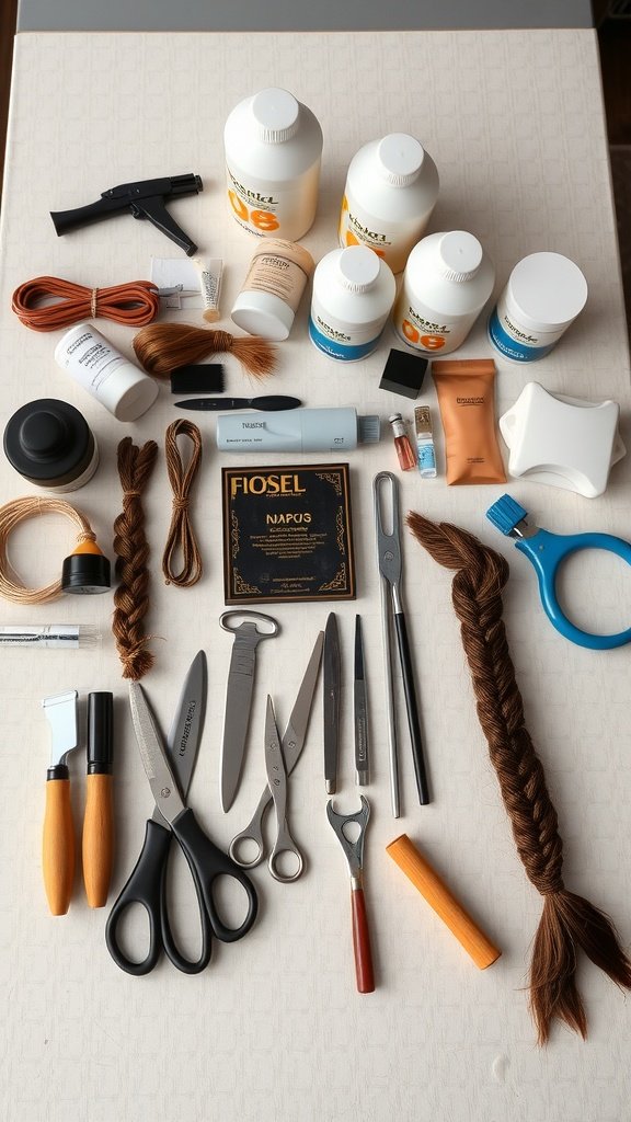 A variety of tools and products for creating knotless braids, including scissors, hair products, and braiding hair.