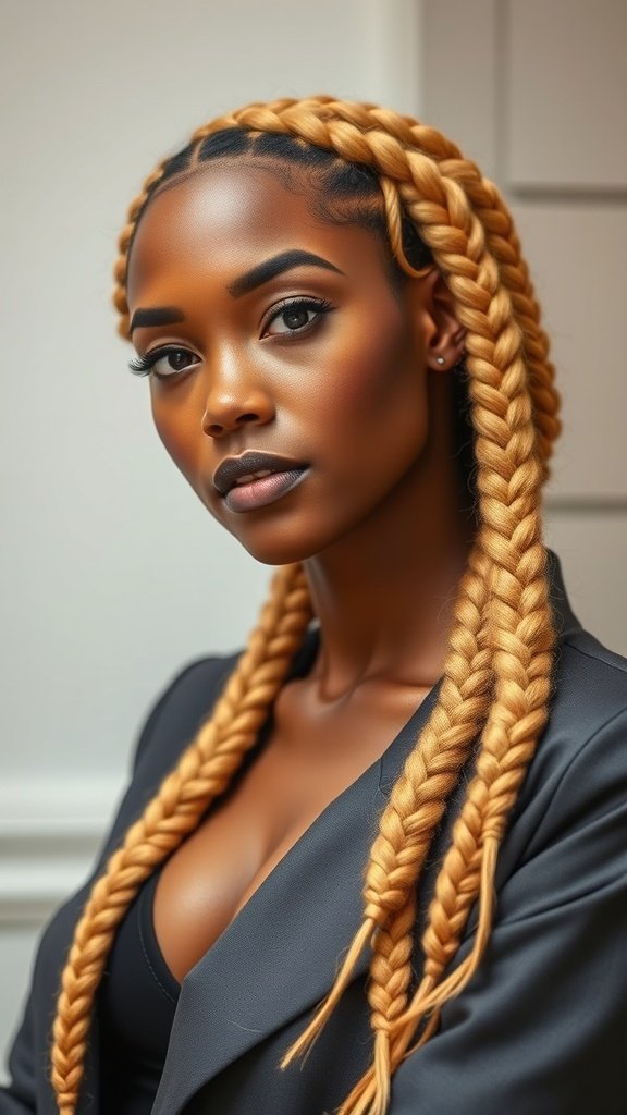 A woman with honey blonde knotless braids styled elegantly.