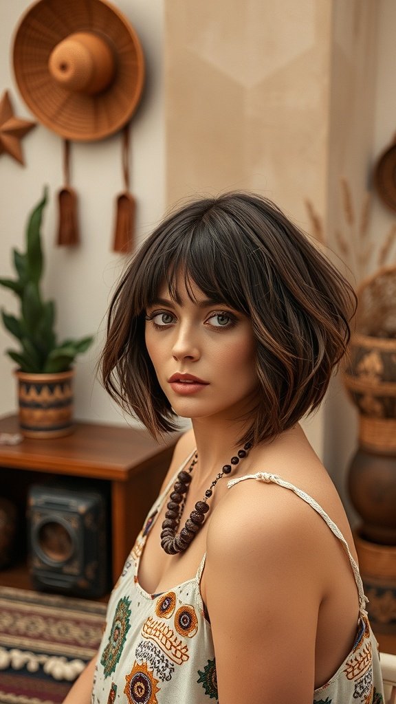 A woman with a stylish bob hairstyle featuring boho knotless braids, adorned with natural accessories, set in a bohemian-themed environment.