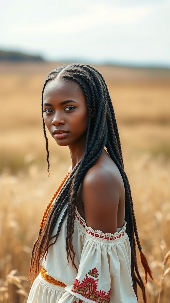 A model with large boho knotless braids standing in a field, wearing a white embroidered dress.