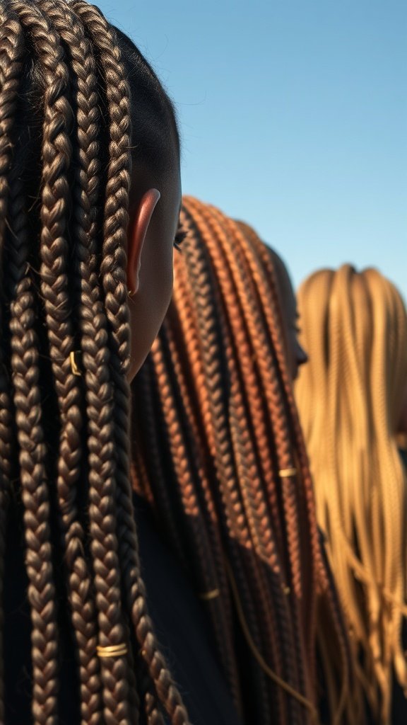 A close-up view of medium knotless box braids, showcasing intricate patterns and styles.