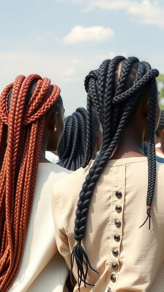 Two individuals with honey blonde knotless braids, showcasing cultural significance and artistry.