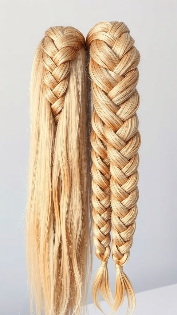 Two sets of honey blonde knotless braids in different sizes, showcasing a smaller braid on the left and a larger braid on the right.
