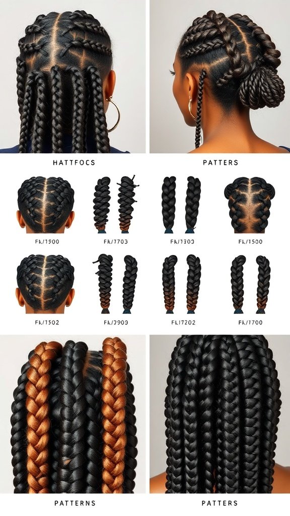 Various patterns of medium boho knotless braids displayed on different hairstyles.