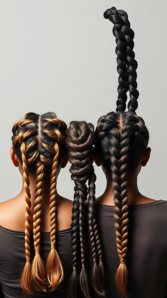 Different styles of short knotless braids with curly ends, showcasing various curl sizes and textures.