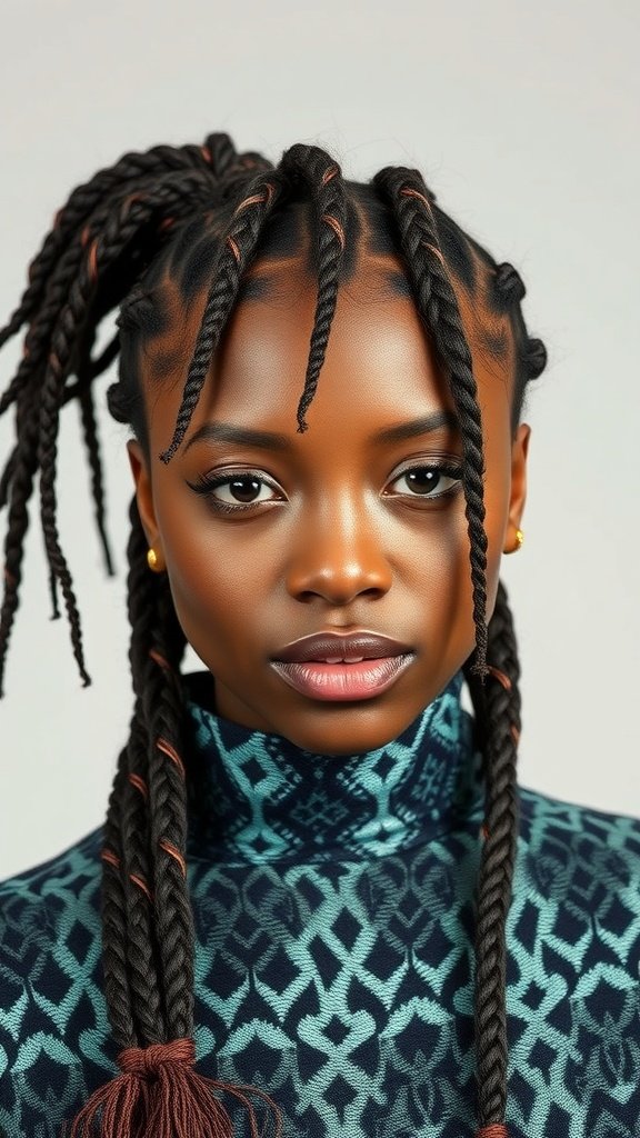 A model showcasing medium knotless box braids with a stylish outfit.