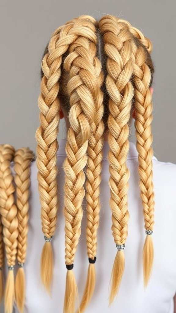 Honey blonde knotless braids styled in a neat pattern