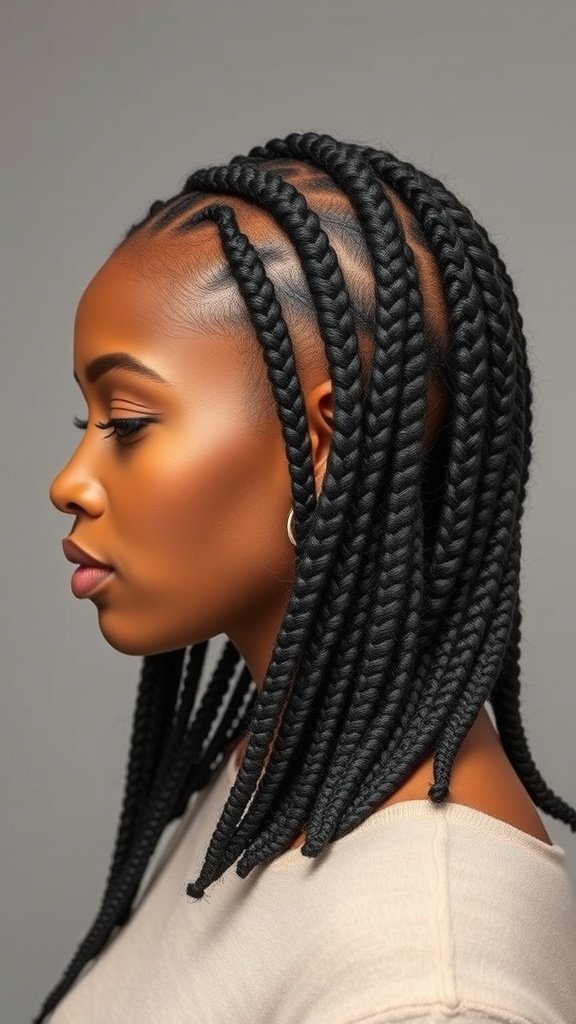 A woman with medium knotless braids styled in a neat pattern, showcasing the beauty and versatility of this hairstyle.