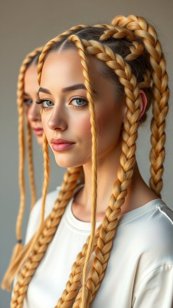 A close-up of a model with honey blonde knotless braids, showcasing different lengths and styles.
