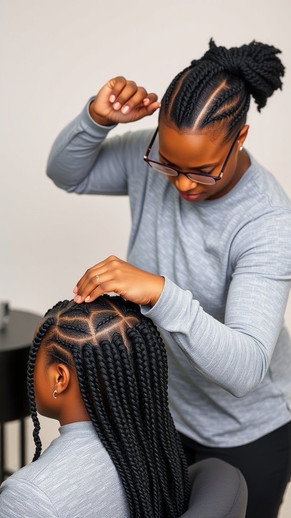 A stylist working on medium knotless box braids with a focus on parting styles.
