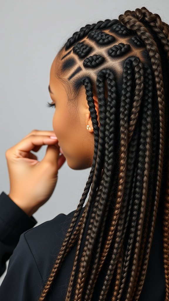 A close-up of a woman's hair showcasing intricate parting styles in knotless braids.