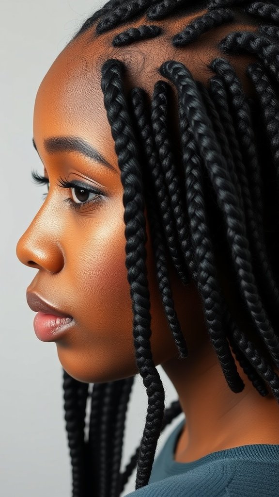 Profile view of a person with short knotless box braids, showcasing their neatness and style.