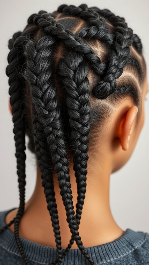 Close-up of a person's head showing intricate short bohemian knotless braids with unique parting styles.