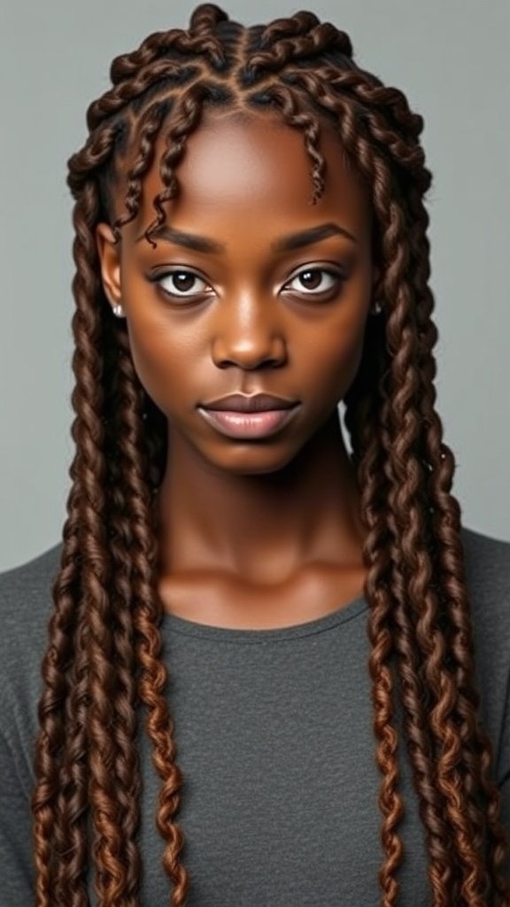 A close-up of a person with short knotless braids featuring curly ends, showcasing a defined parting style.
