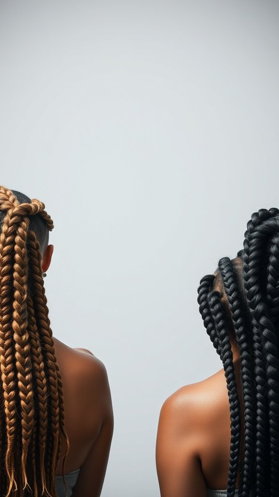 Two women showcasing large boho knotless braids in different colors and styles.