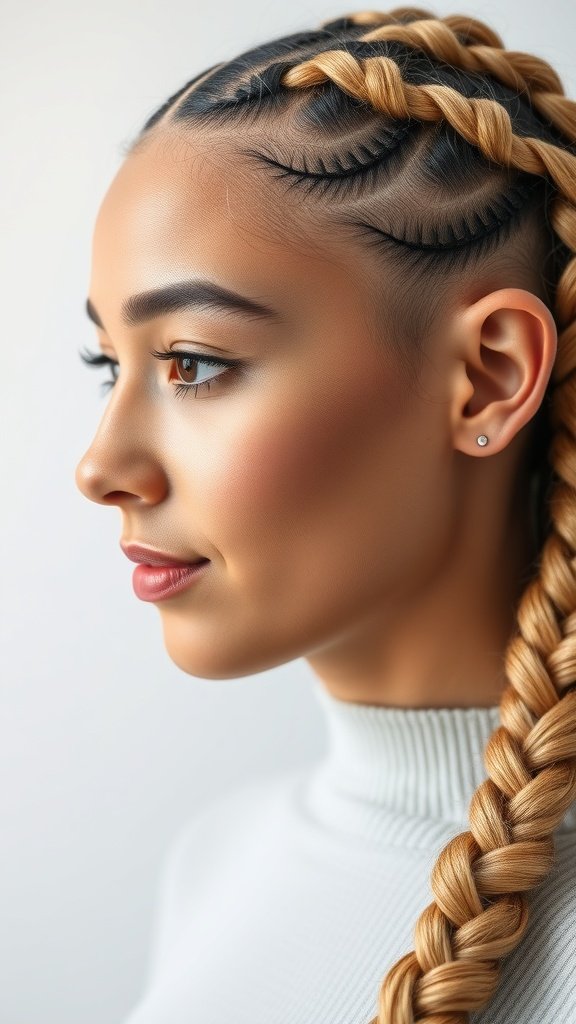 A close-up profile of a woman with blonde knotless braids, showcasing a side part.