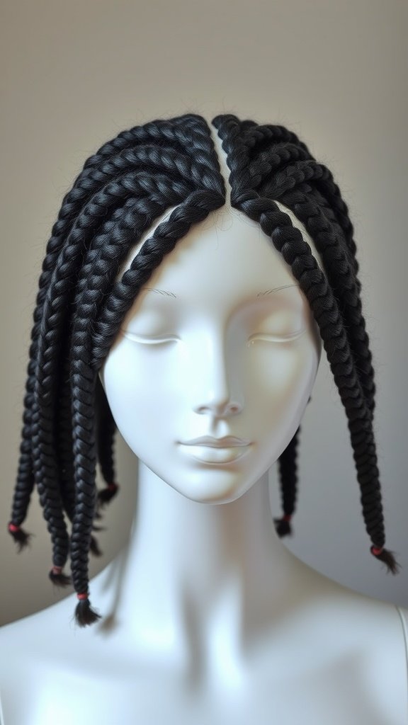 A mannequin displaying jumbo boho knotless braids with a center parting.