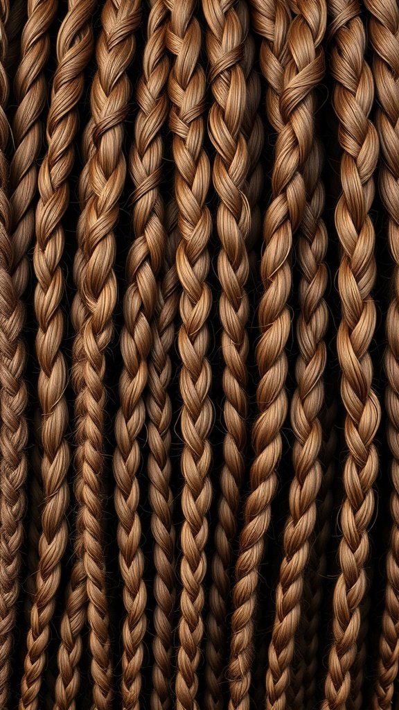 Close-up of honey brown knotless braids, showcasing their texture and color.