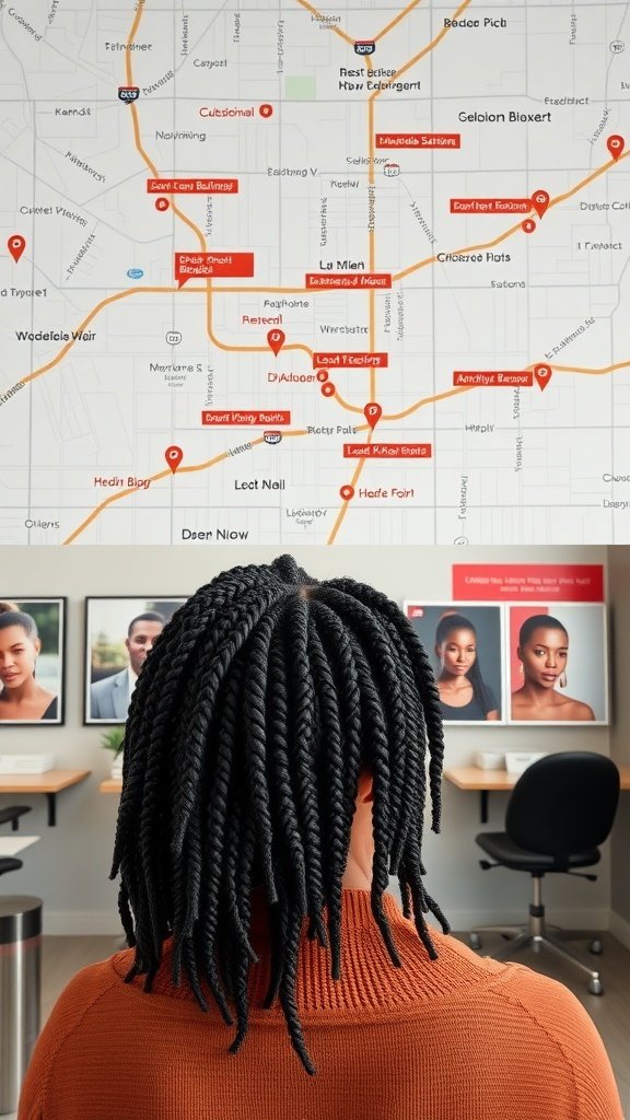 A person with short knotless box braids, viewed from behind, in a salon setting with a map of local braiding salons in the background.
