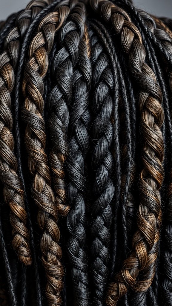 An array of short knotless braids with curly ends, showcasing a blend of black and brown colors.