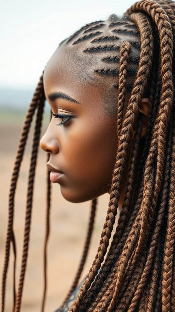 A profile view of a person with intricate jumbo boho knotless braids, showcasing their length and texture.