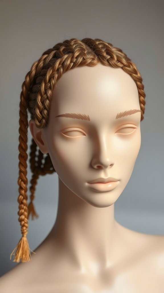 Honey blonde knotless braids displayed on a mannequin