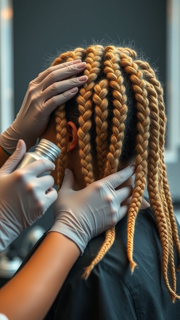 A close-up of honey blonde knotless braids being refreshed, showcasing the intricate braiding technique.