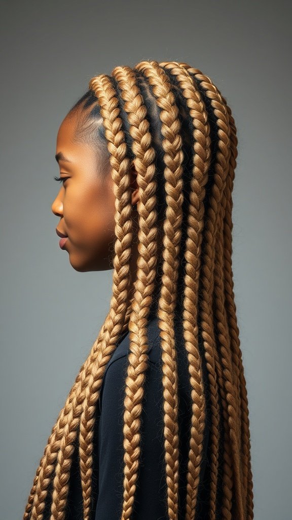 A woman with long, neatly arranged feed-in knotless braids, showcasing a stylish and protective hairstyle.