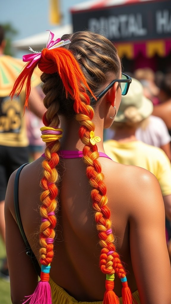 A person with vibrant orange and pink boho knotless braids, styled for a festival.